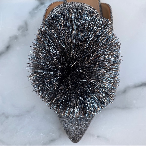 Aquazzura Powder Puff Pompom metallic silver lurex flat mules slippers size 36 - Picture 11 of 16